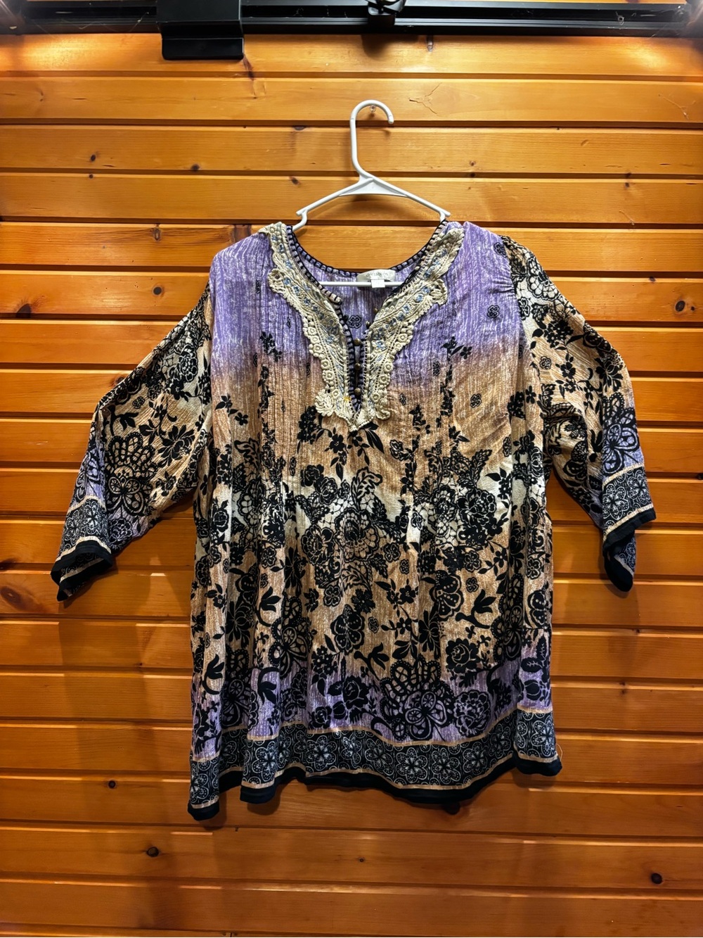 Dress Barn Purple and Tan Boho Embroidered Tunic